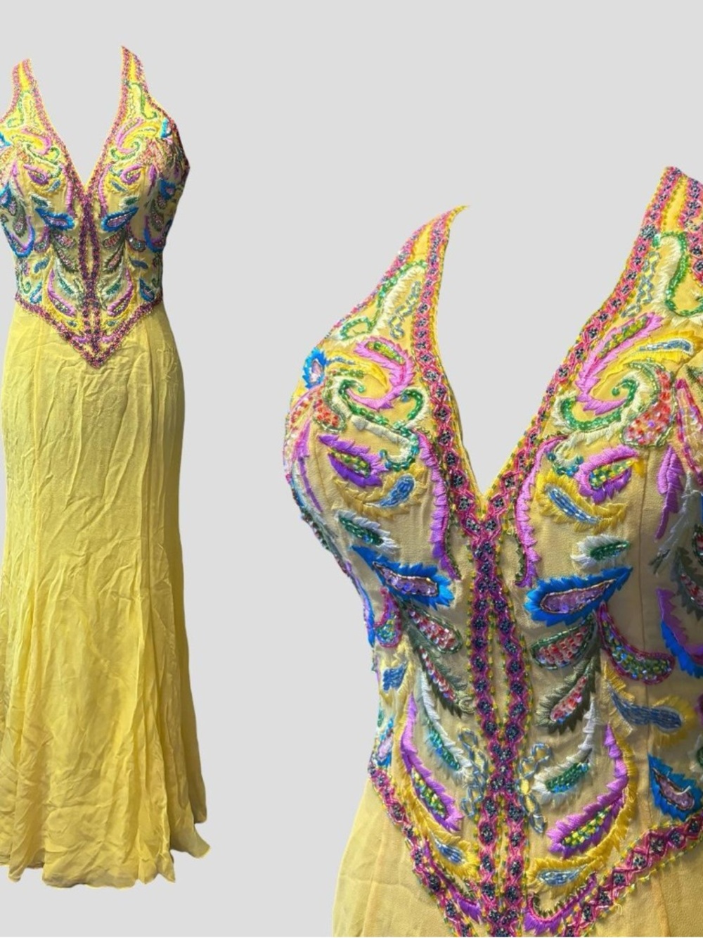 y2k yellow spring fairy beaded halter silk prom dress